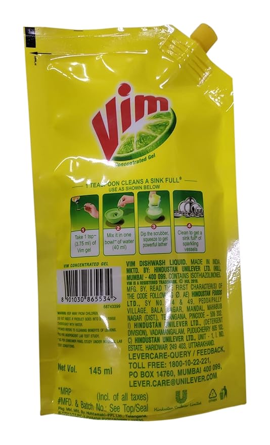 Vim Dishwash Gel - 155ml (Lemon) - Image 2